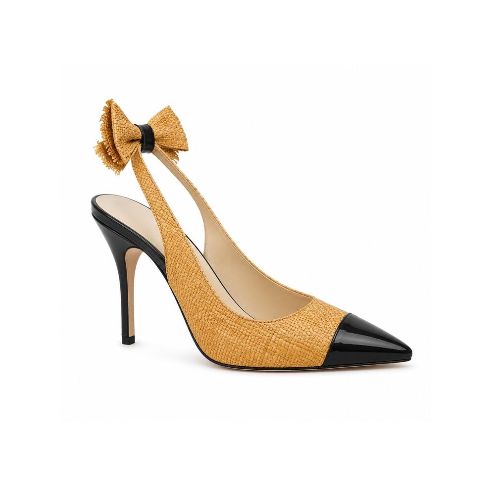 Kate Spade Raffia Leather Slingback Heels Black Pointed Toe Bow Pumps Size 7.5